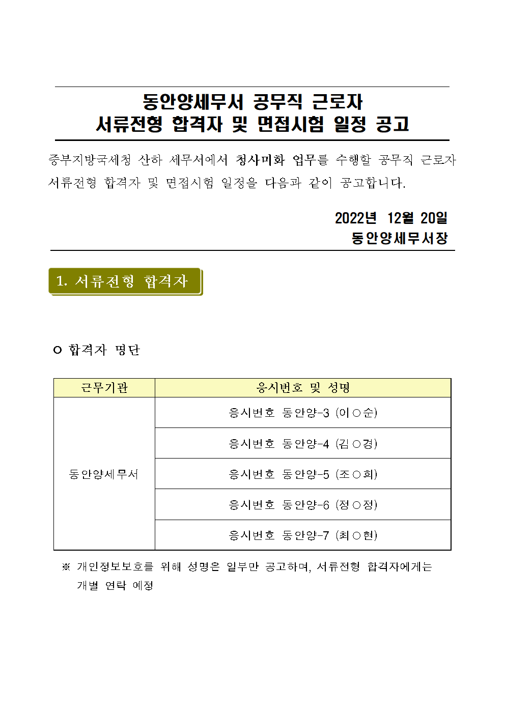 동안양세무서 공무직 근로자 서류전형 합격자 발표 및 면접시험 일정 공고(2차)001.png