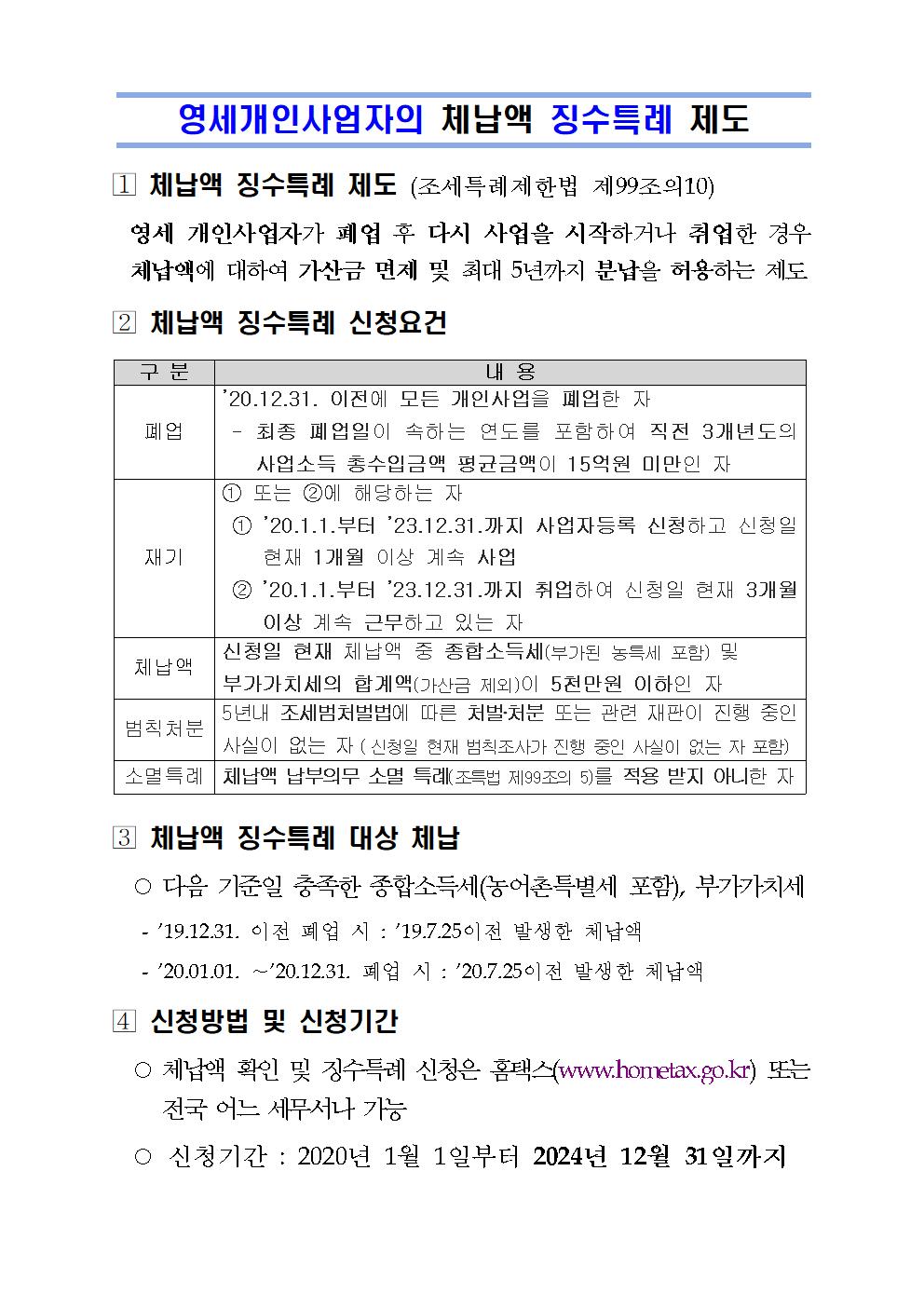 영세개인사업자의 체납액 징수특례 제도