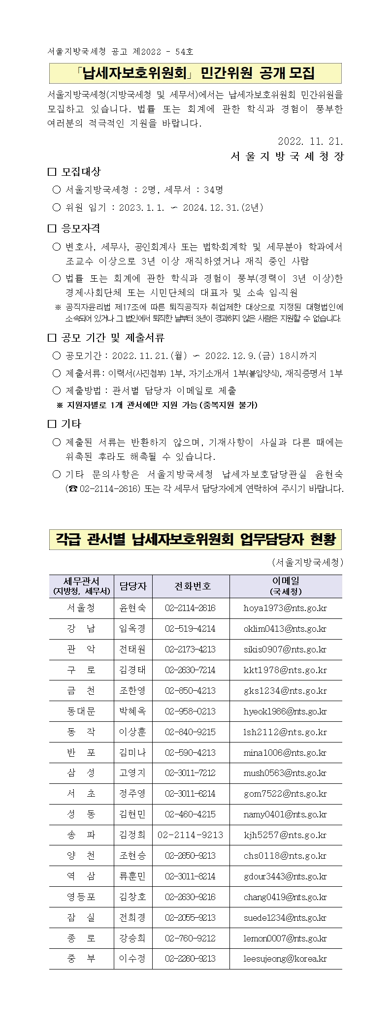 납세자보호위원회 민간위원 공개모집