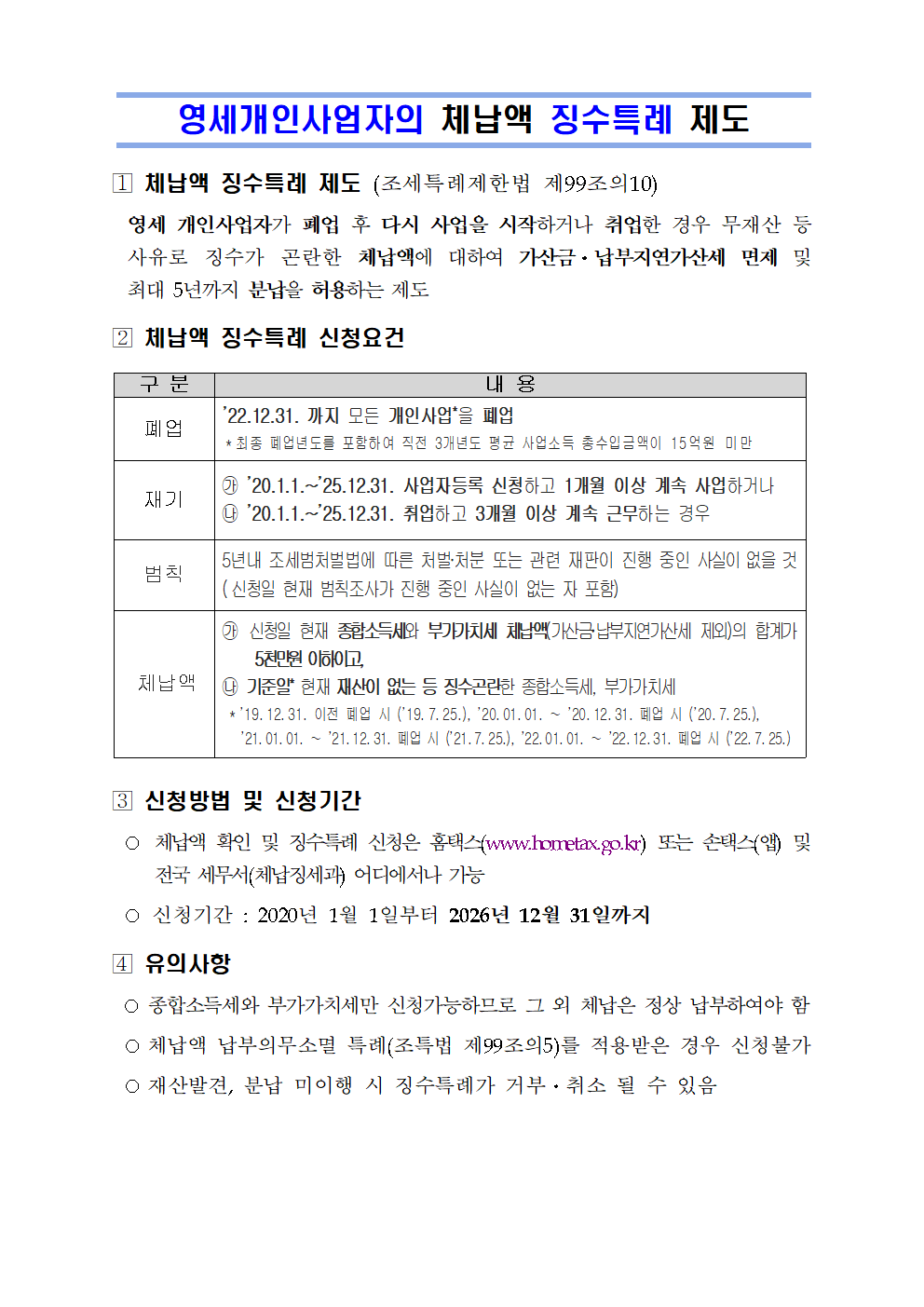 영세개인사업자의 체납액 징수특례 제도안내