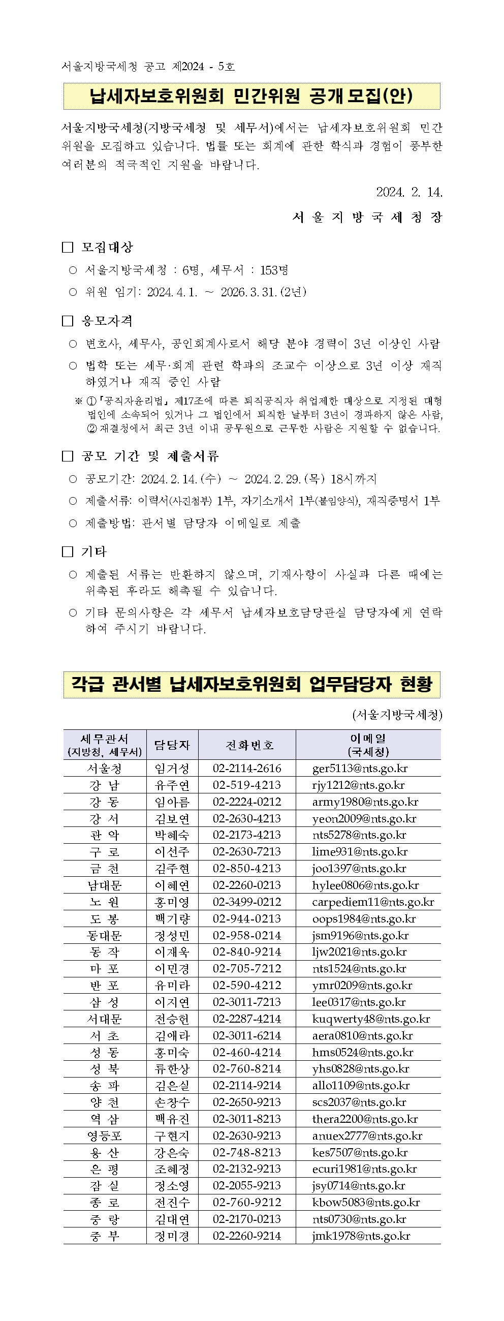 납세자보호위원회 민간위원 공개모집