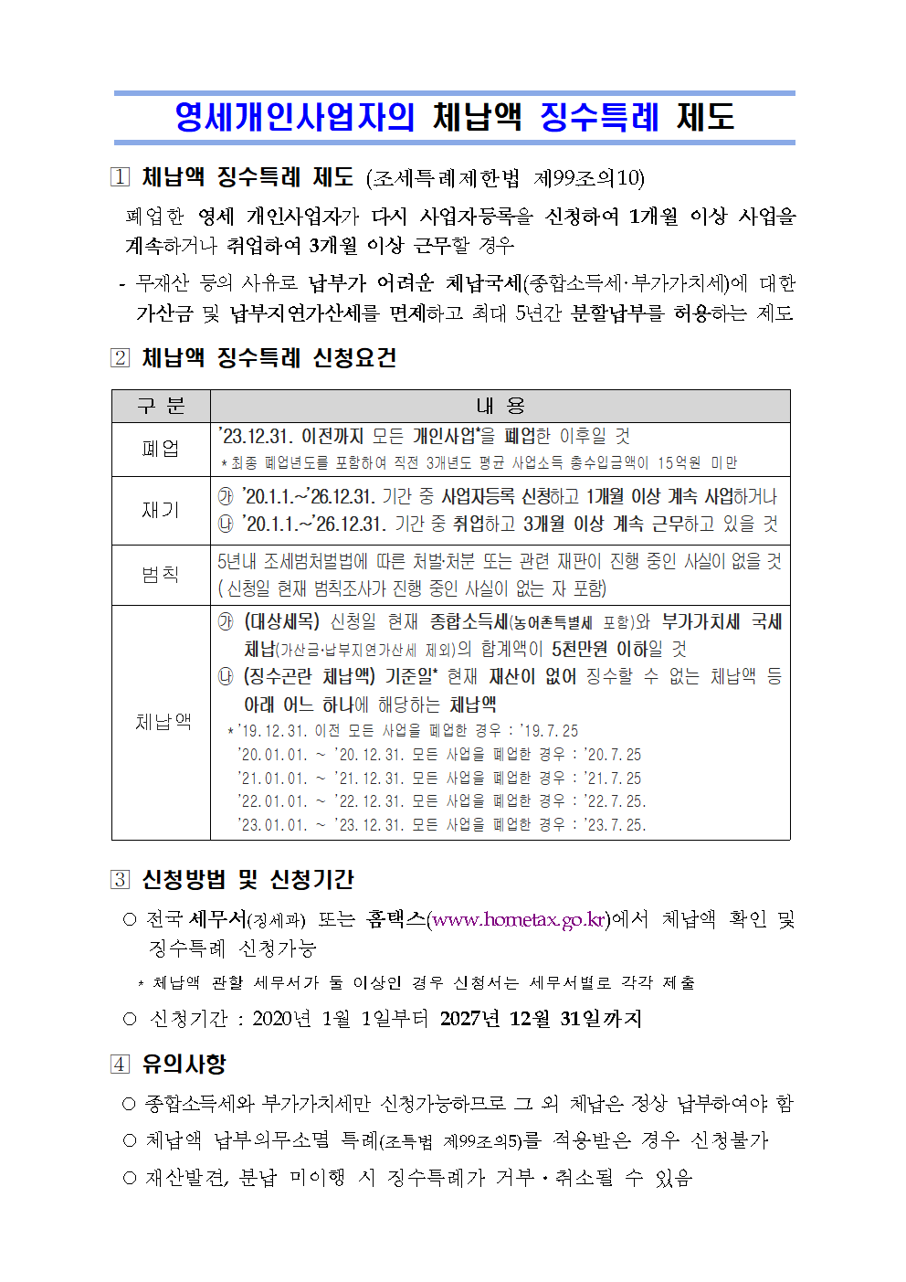 영세개인사업자의 체납액 징수특례 제도