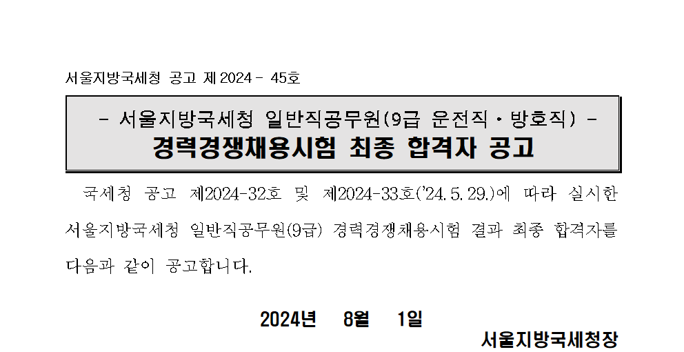 서울지방국세청 일반직공무원(9급 운전직, 방호직) 경력경쟁채용시험 최종 합격자 공고