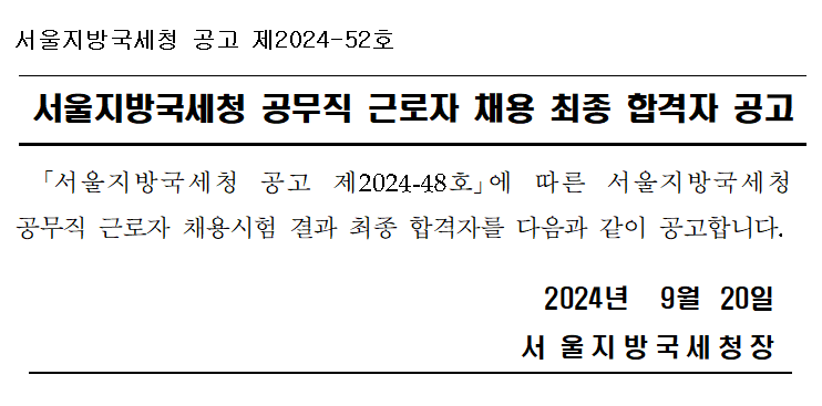 서울지방국세청 공무직근로자 채용 최종합격자 공고